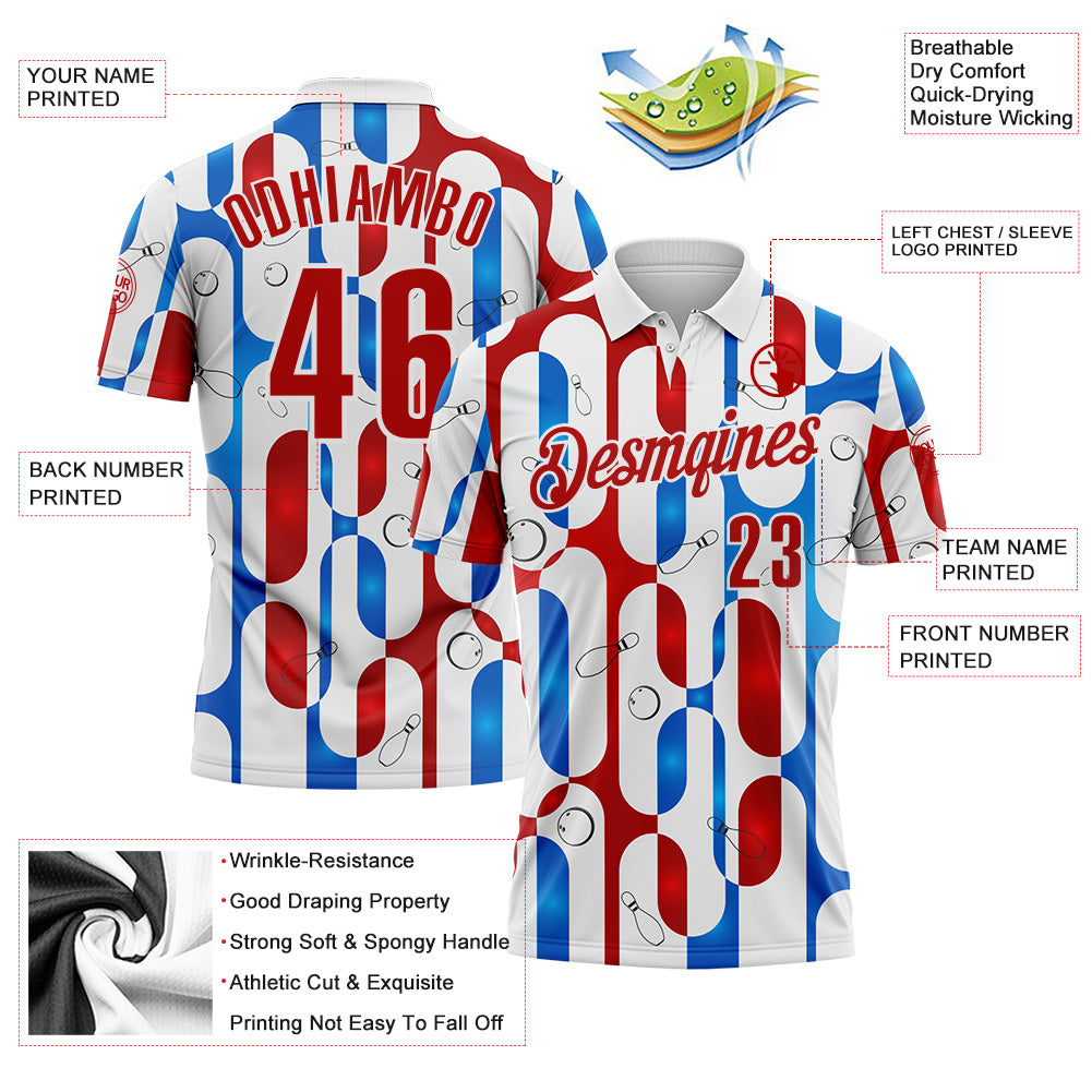 Custom White Red-Blue Bowling American Inspired Performance Polo Shirt