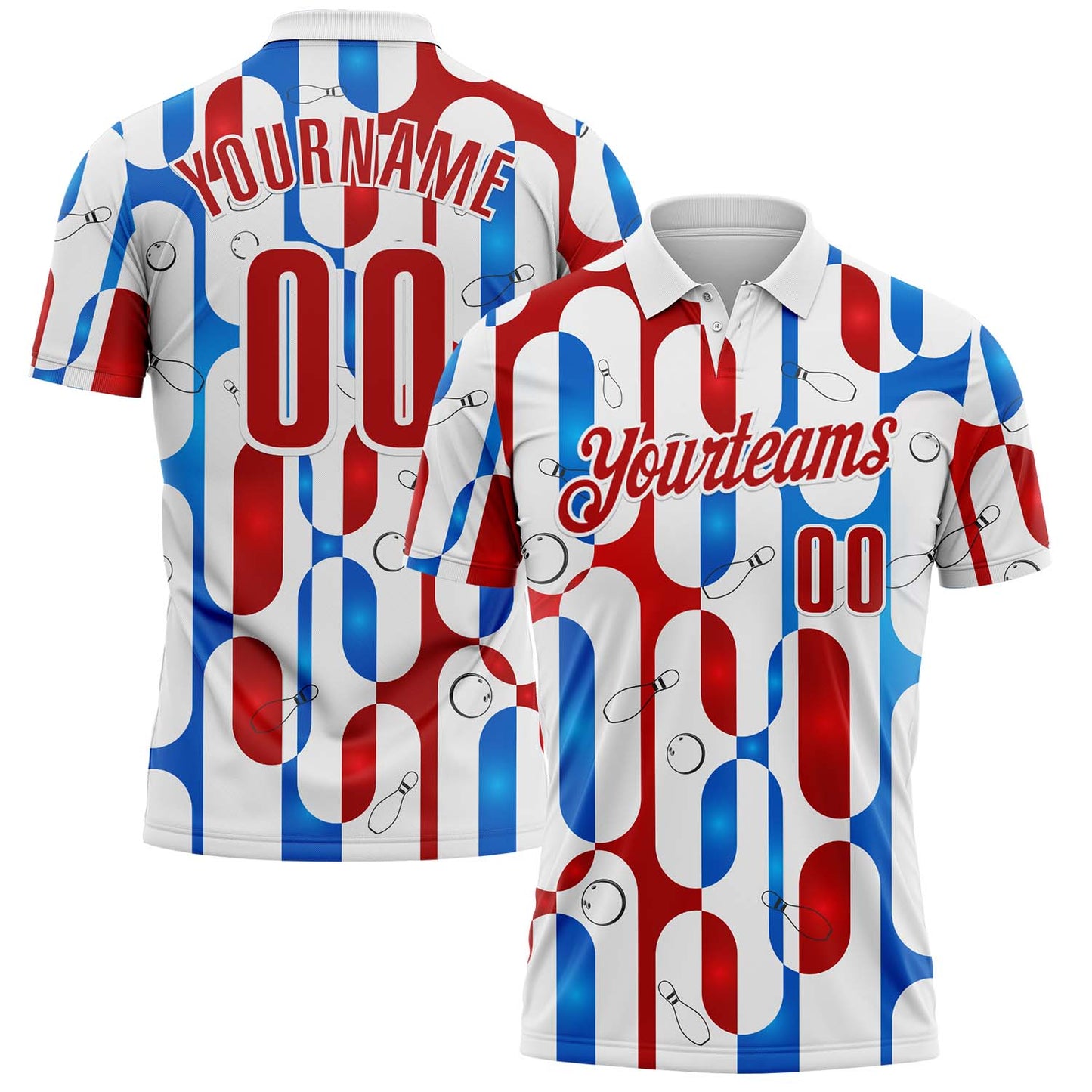 Custom White Red-Blue Bowling American Inspired Performance Polo Shirt