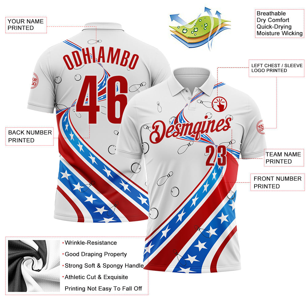 Custom White Red-Blue Bowling American Flag Performance Polo Shirt