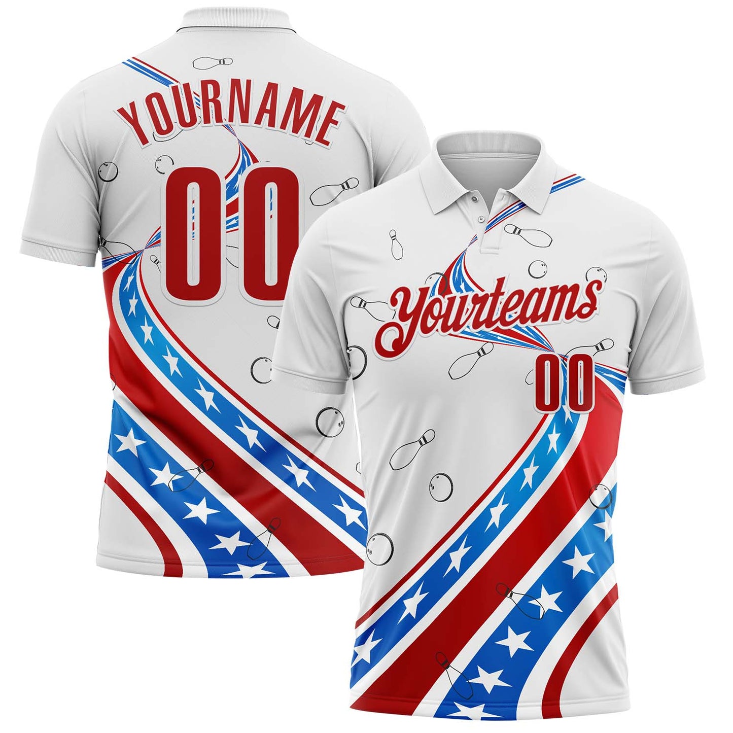 Custom White Red-Blue Bowling American Flag Performance Polo Shirt