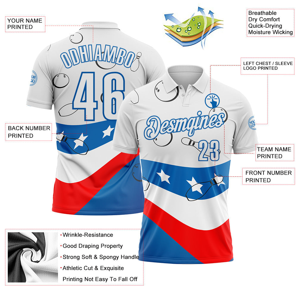 Custom White Red-Blue Bowling American Flag Performance Polo Shirt