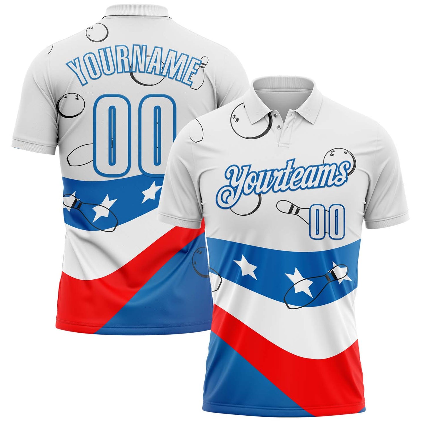 Custom White Red-Blue Bowling American Flag Performance Polo Shirt