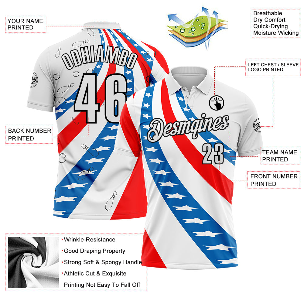 Custom White Red Blue-Black Bowling American Flag Performance Polo Shirt