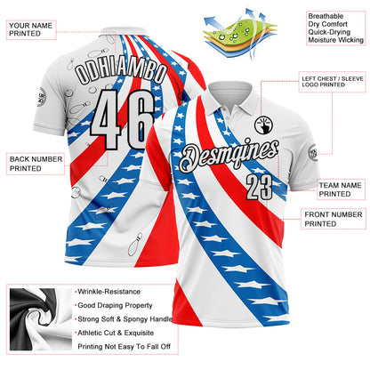 Custom White Red Blue-Black Bowling American Flag Performance Polo Shirt