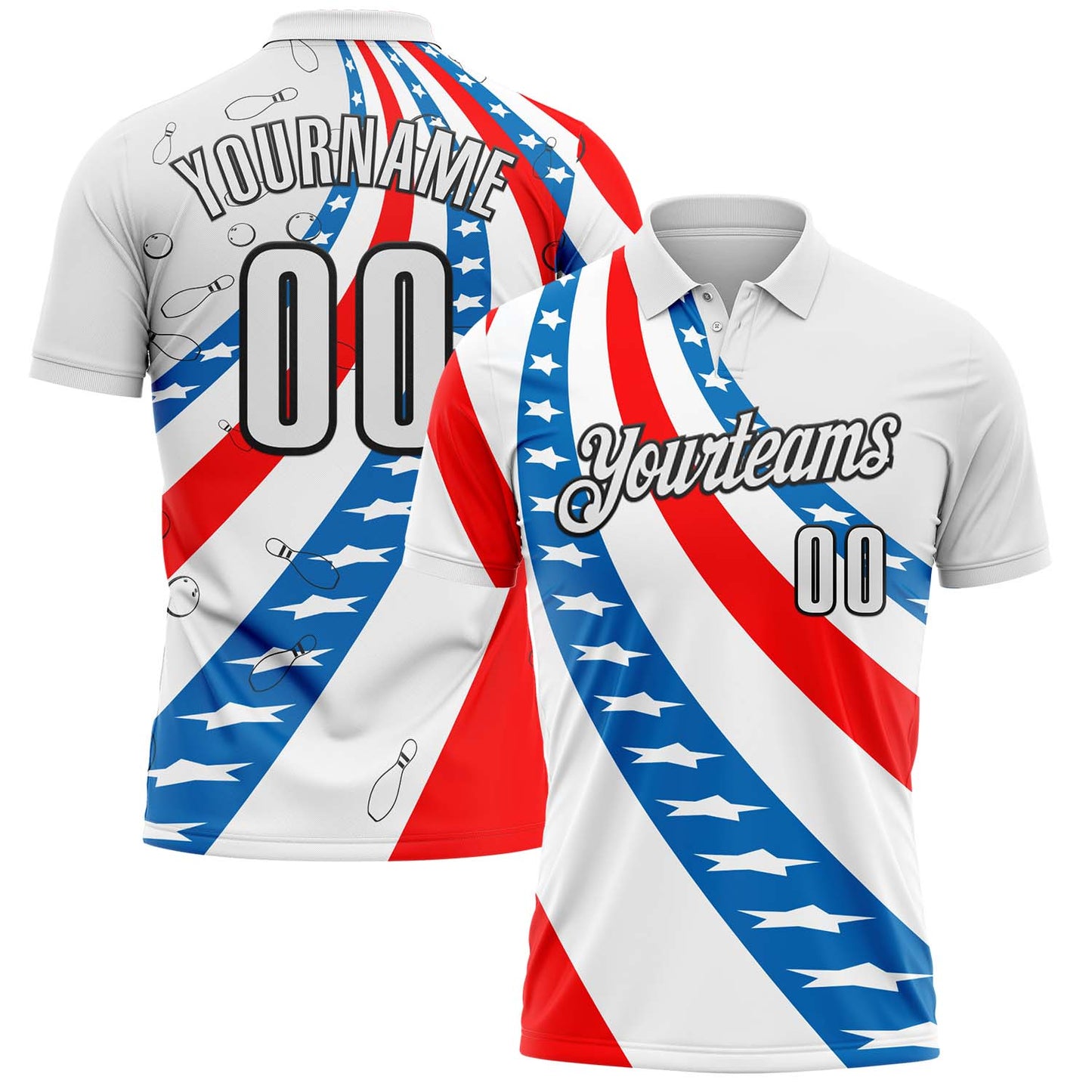 Custom White Red Blue-Black Bowling American Flag Performance Polo Shirt