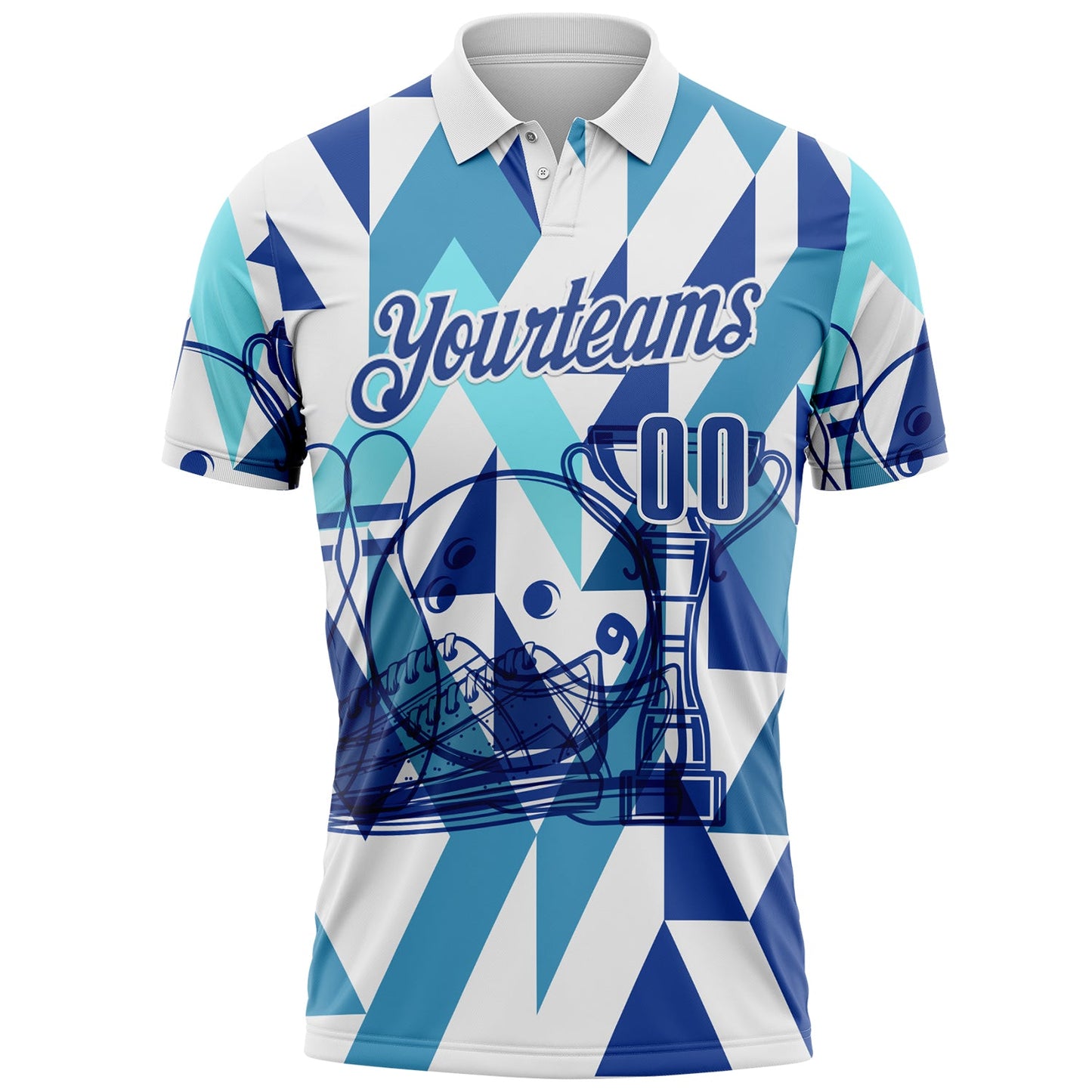 Custom White-Blue Bowling Geometric Performance Polo Shirt