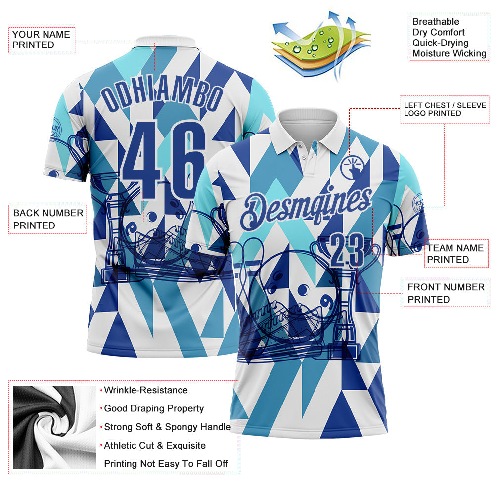 Custom White-Blue Bowling Geometric Performance Polo Shirt
