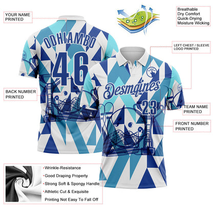 Custom White-Blue Bowling Geometric Performance Polo Shirt