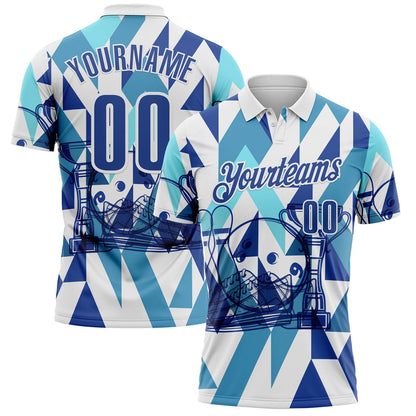 Custom White-Blue Bowling Geometric Performance Polo Shirt