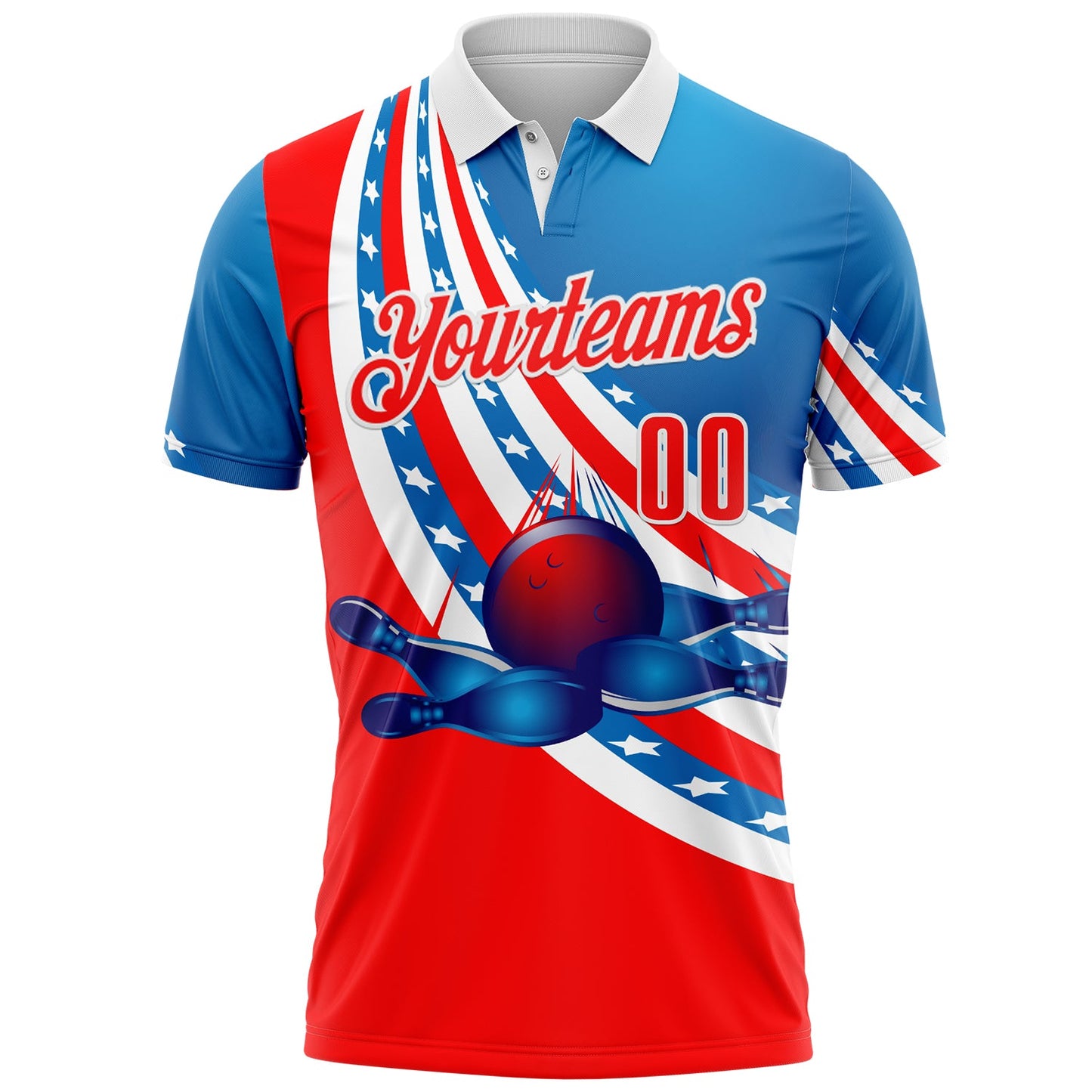 Custom Blue Red-White Bowling Strike American Flag Performance Polo Shirt