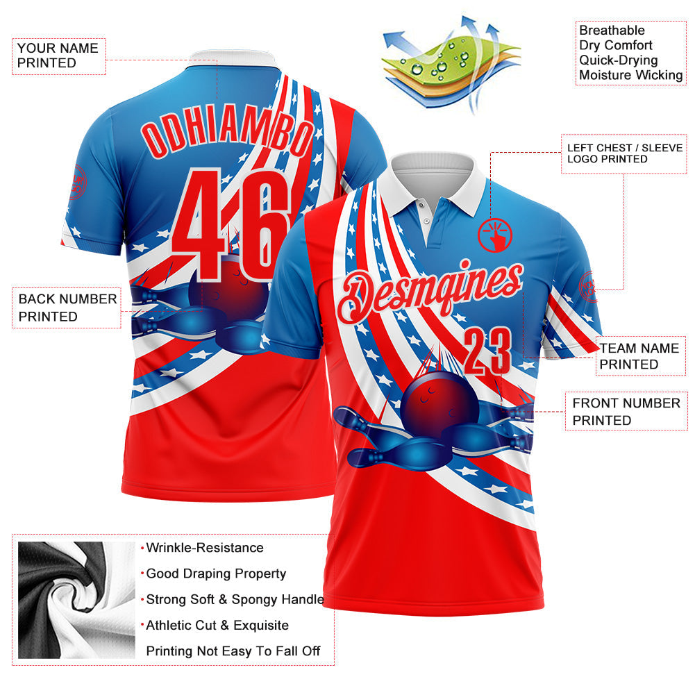 Custom Blue Red-White Bowling Strike American Flag Performance Polo Shirt