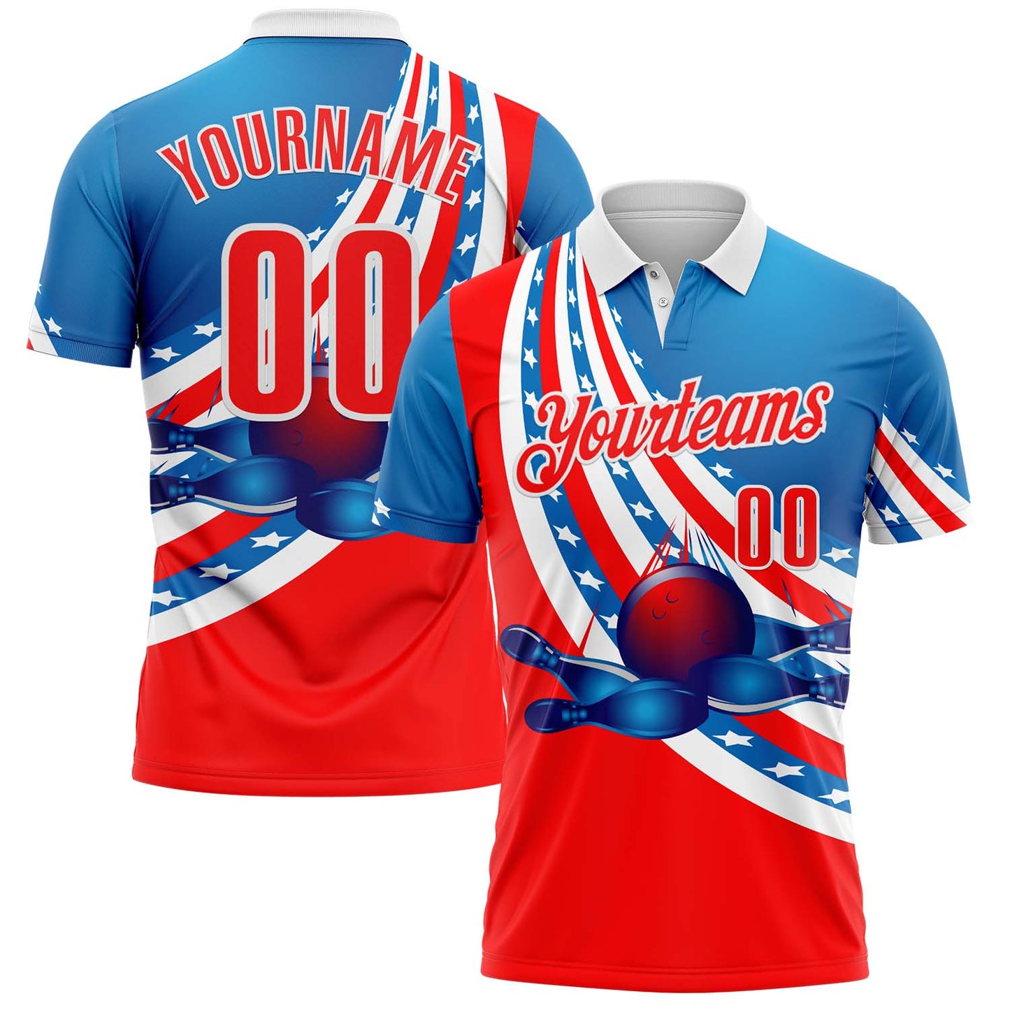 Custom Blue Red-White Bowling Strike American Flag Performance Polo Shirt