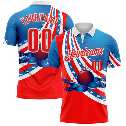 Custom Blue Red-White Bowling Strike American Flag Performance Polo Shirt