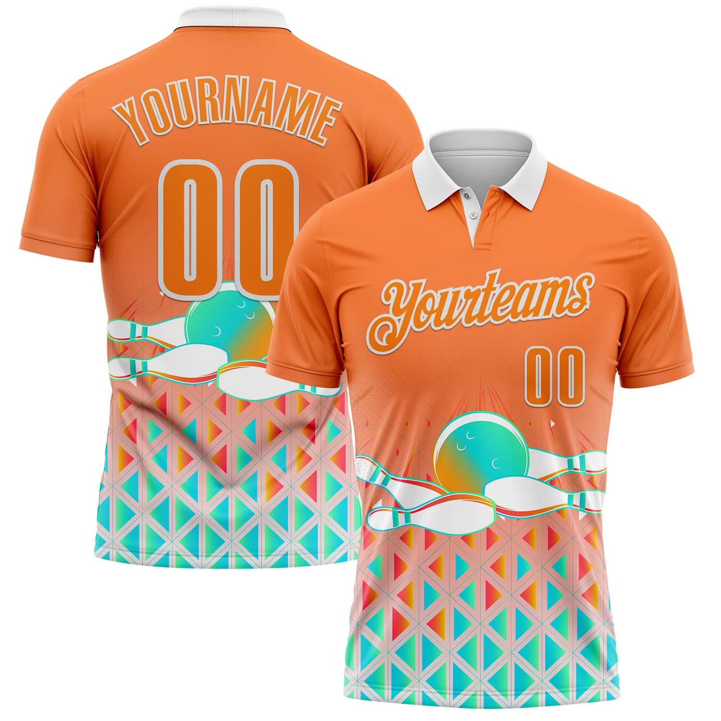 Custom Bay Orange-White Bowling Strike Gradient Geometric Performance Polo Shirt