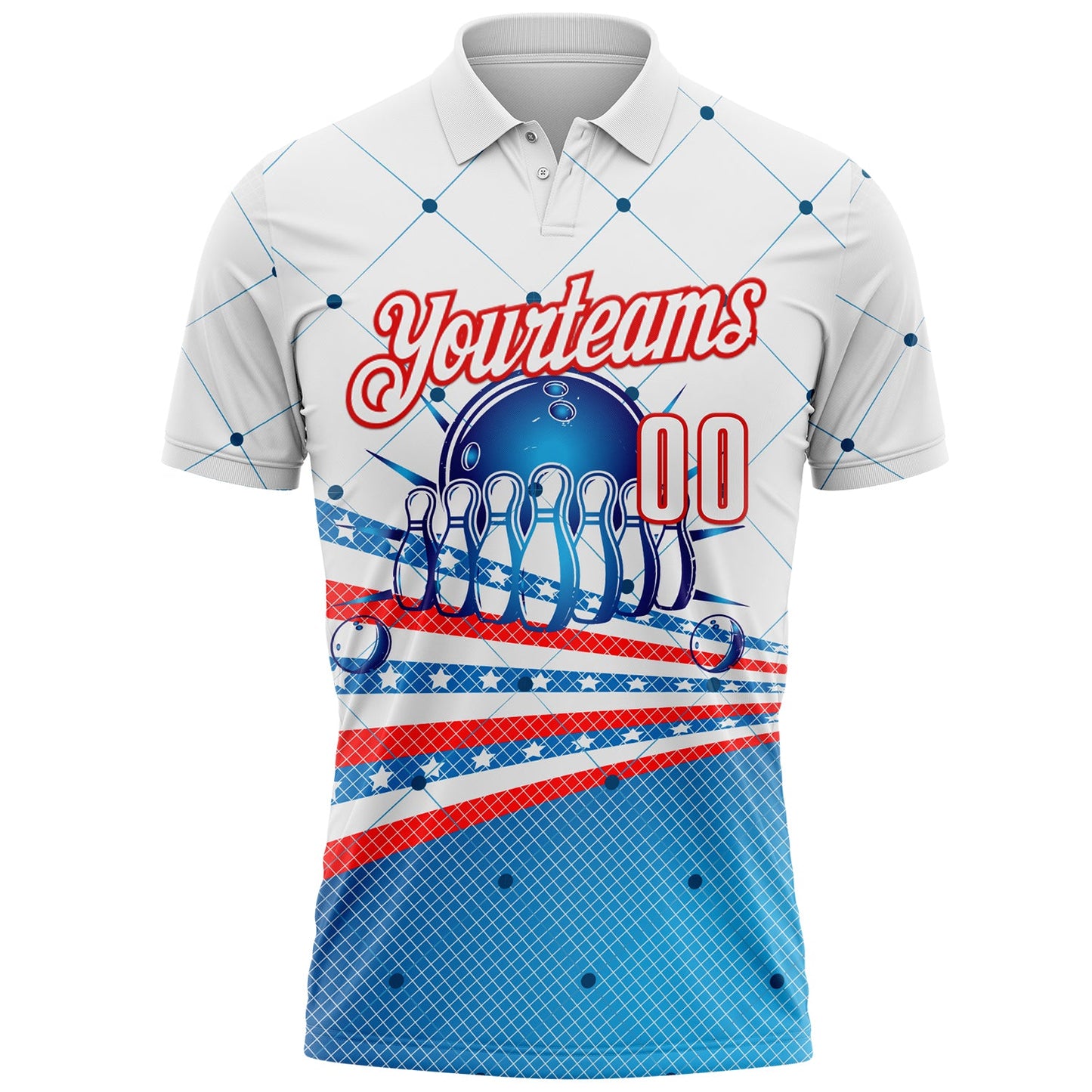 Custom White Blue-Red Bowling Geometric American Flag Performance Polo Shirt