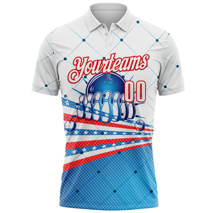Custom White Blue-Red Bowling Geometric American Flag Performance Polo Shirt