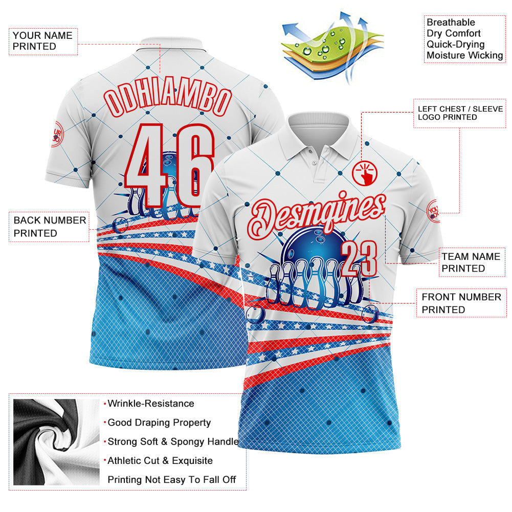 Custom White Blue-Red Bowling Geometric American Flag Performance Polo Shirt