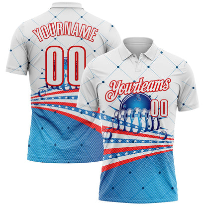 Custom White Blue-Red Bowling Geometric American Flag Performance Polo Shirt