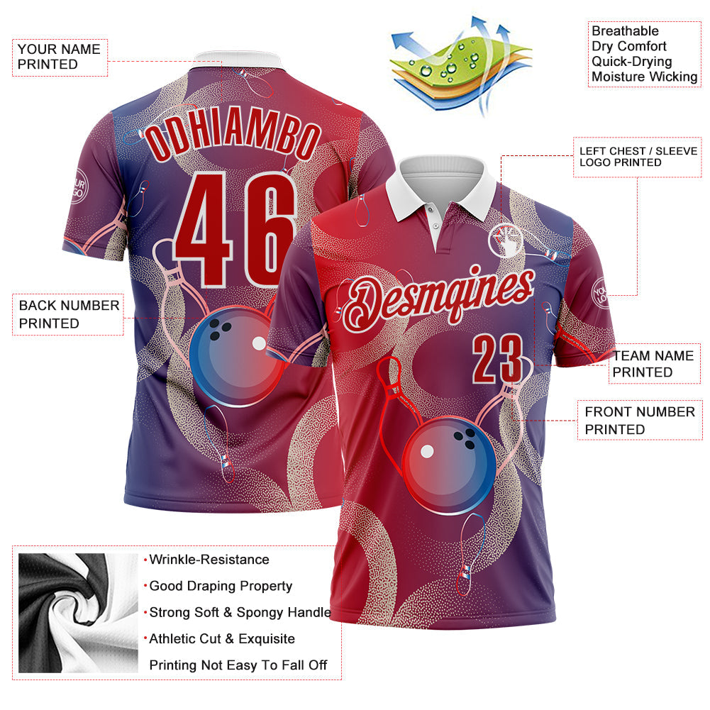 Custom Red Blue-White Bowling Retro Abstract Performance Polo Shirt