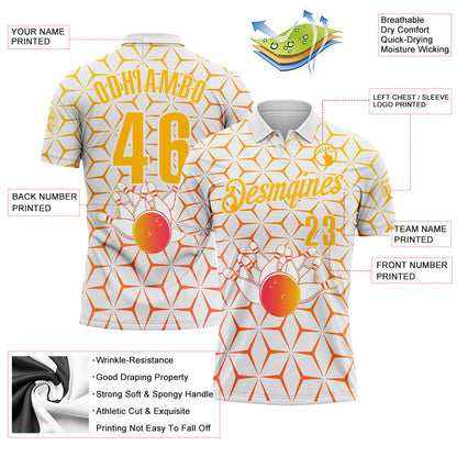 Custom White-Gold Bowling Strike Geometric Performance Polo Shirt