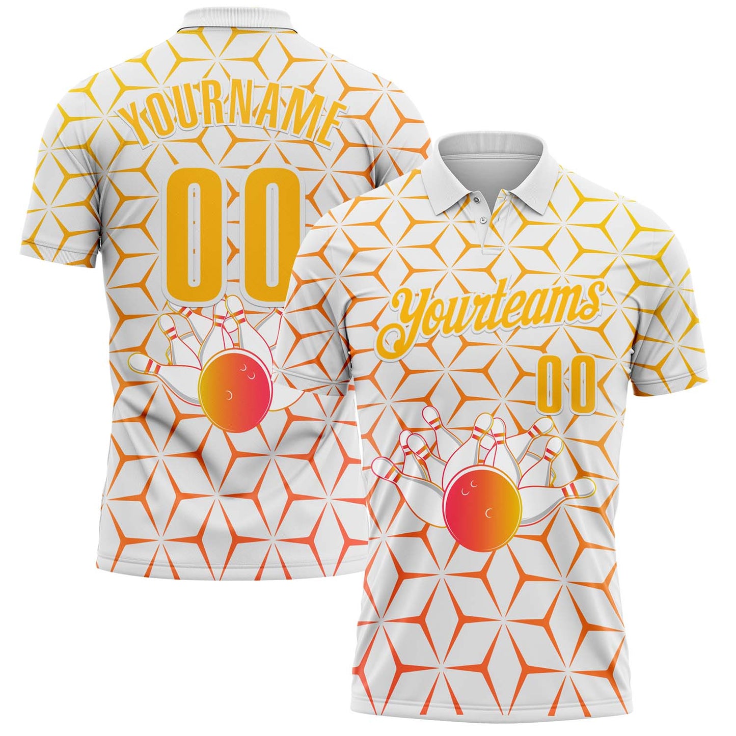 Custom White-Gold Bowling Strike Geometric Performance Polo Shirt