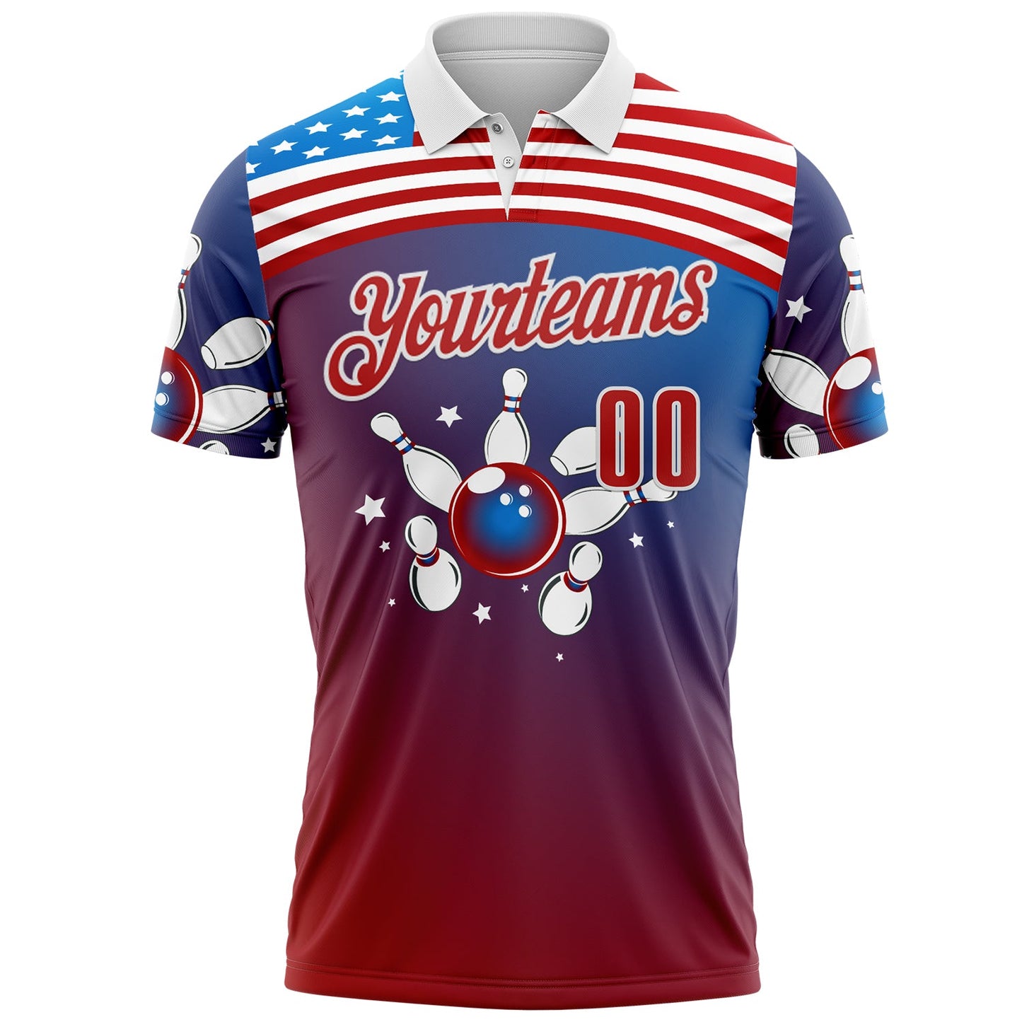 Custom Blue Red-White Bowling American Flag Gradient Performance Polo Shirt