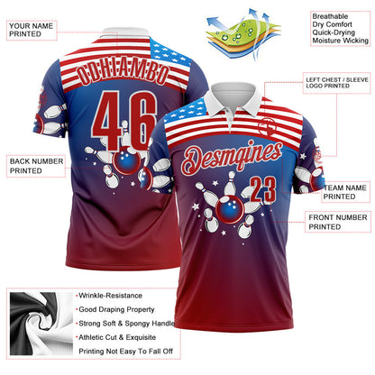 Custom Blue Red-White Bowling American Flag Gradient Performance Polo Shirt