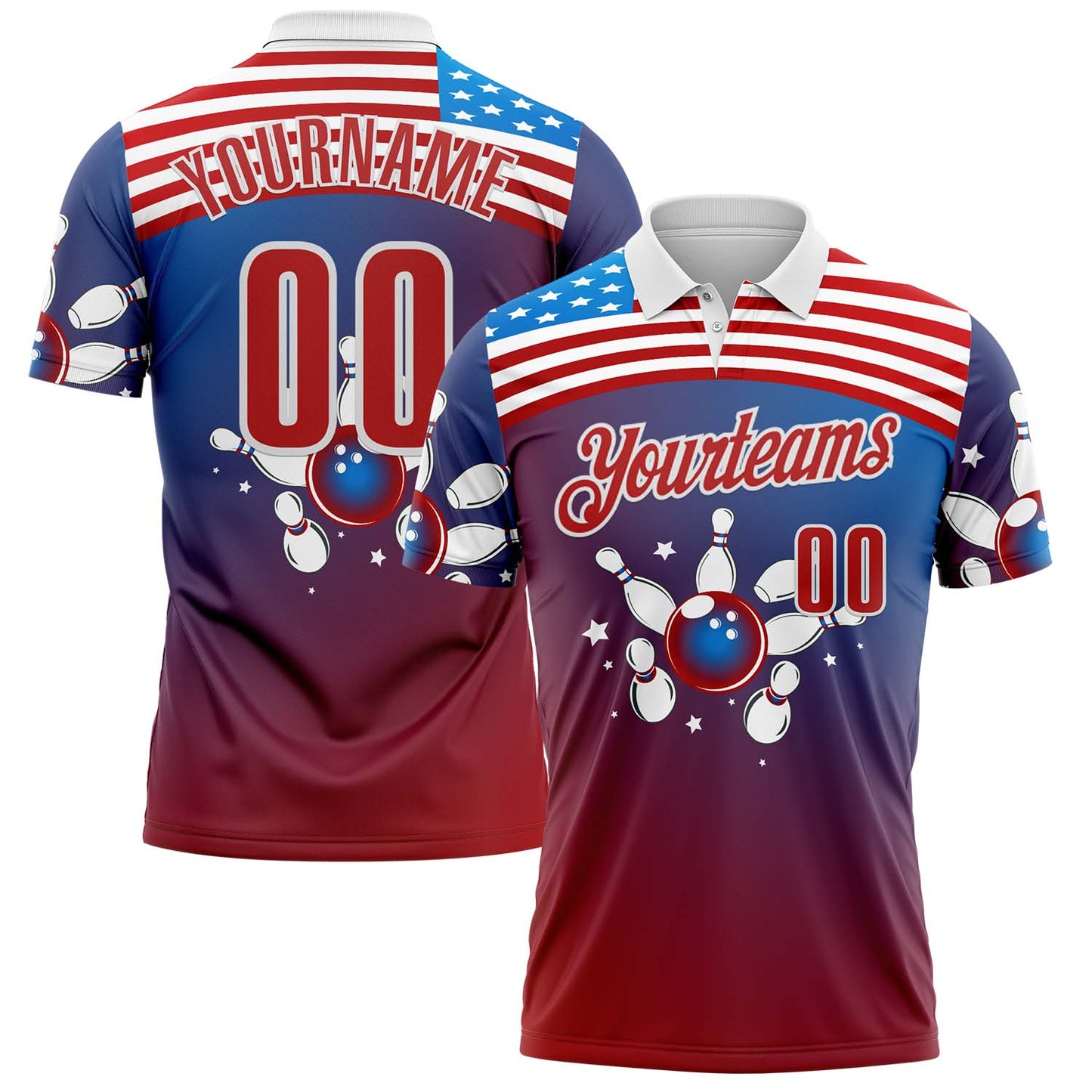Custom Blue Red-White Bowling American Flag Gradient Performance Polo Shirt