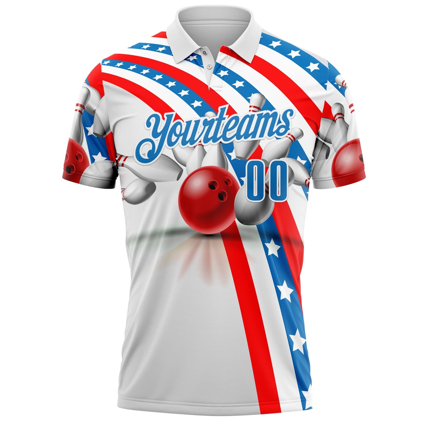 Custom White Blue-Red Bowling Strike American Flag Performance Polo Shirt