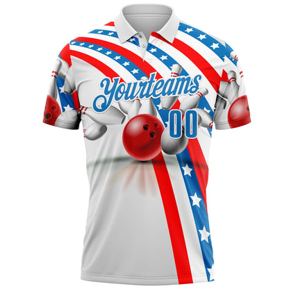 Custom White Blue-Red Bowling Strike American Flag Performance Polo Shirt