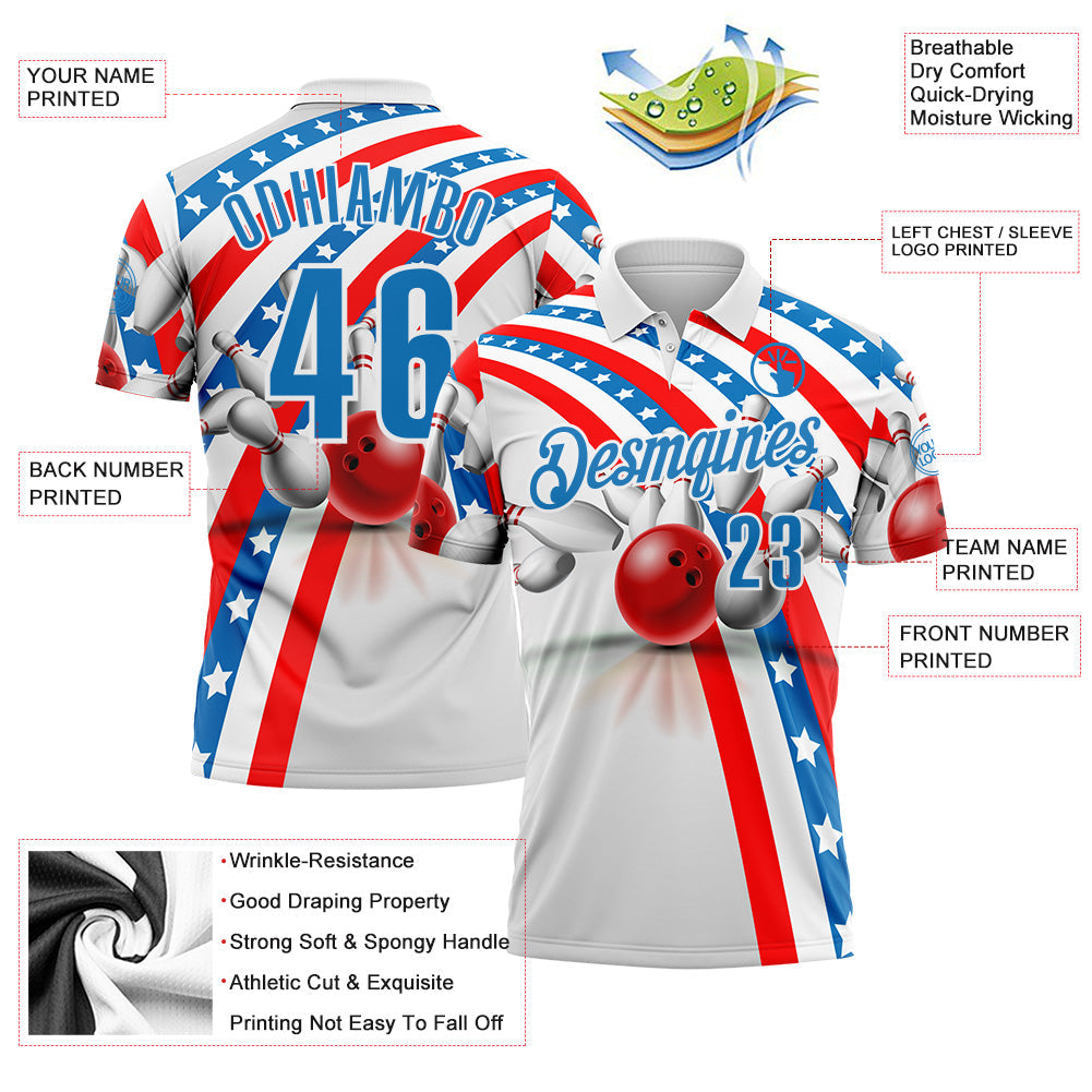 Custom White Blue-Red Bowling Strike American Flag Performance Polo Shirt