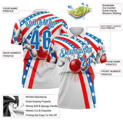 Custom White Blue-Red Bowling Strike American Flag Performance Polo Shirt