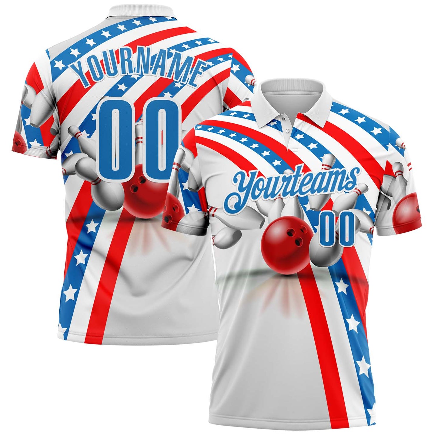 Custom White Blue-Red Bowling Strike American Flag Performance Polo Shirt