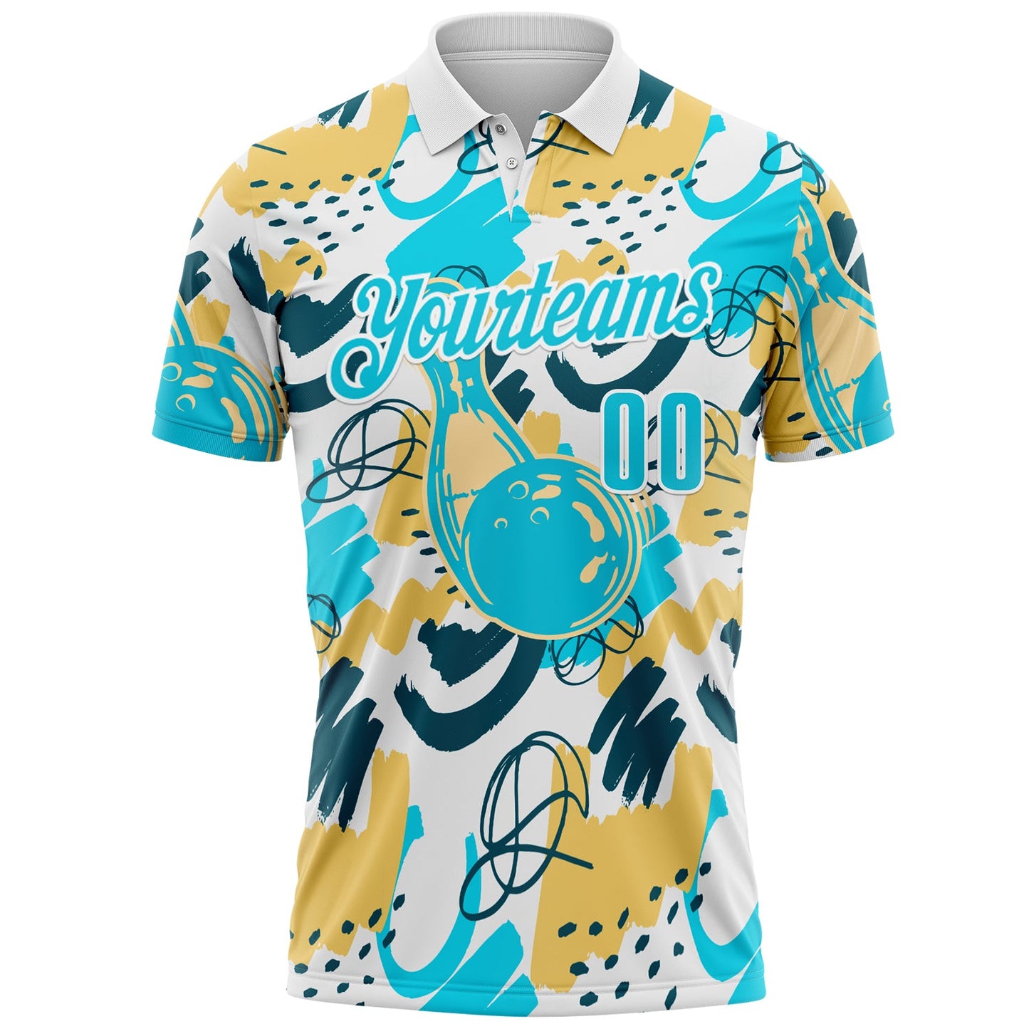 Custom White Blue-Yellow Bowling Abstract Painting Performance Polo Shirt