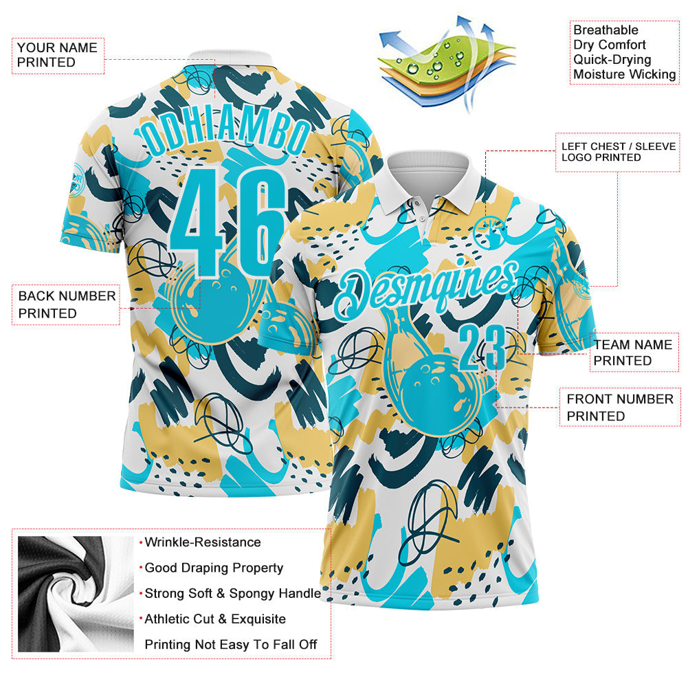 Custom White Blue-Yellow Bowling Abstract Painting Performance Polo Shirt