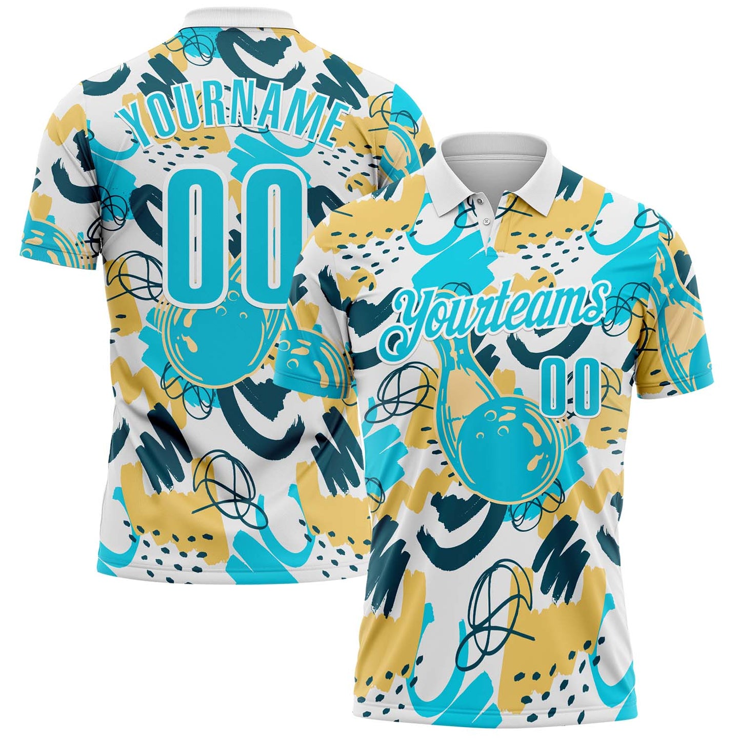 Custom White Blue-Yellow Bowling Abstract Painting Performance Polo Shirt
