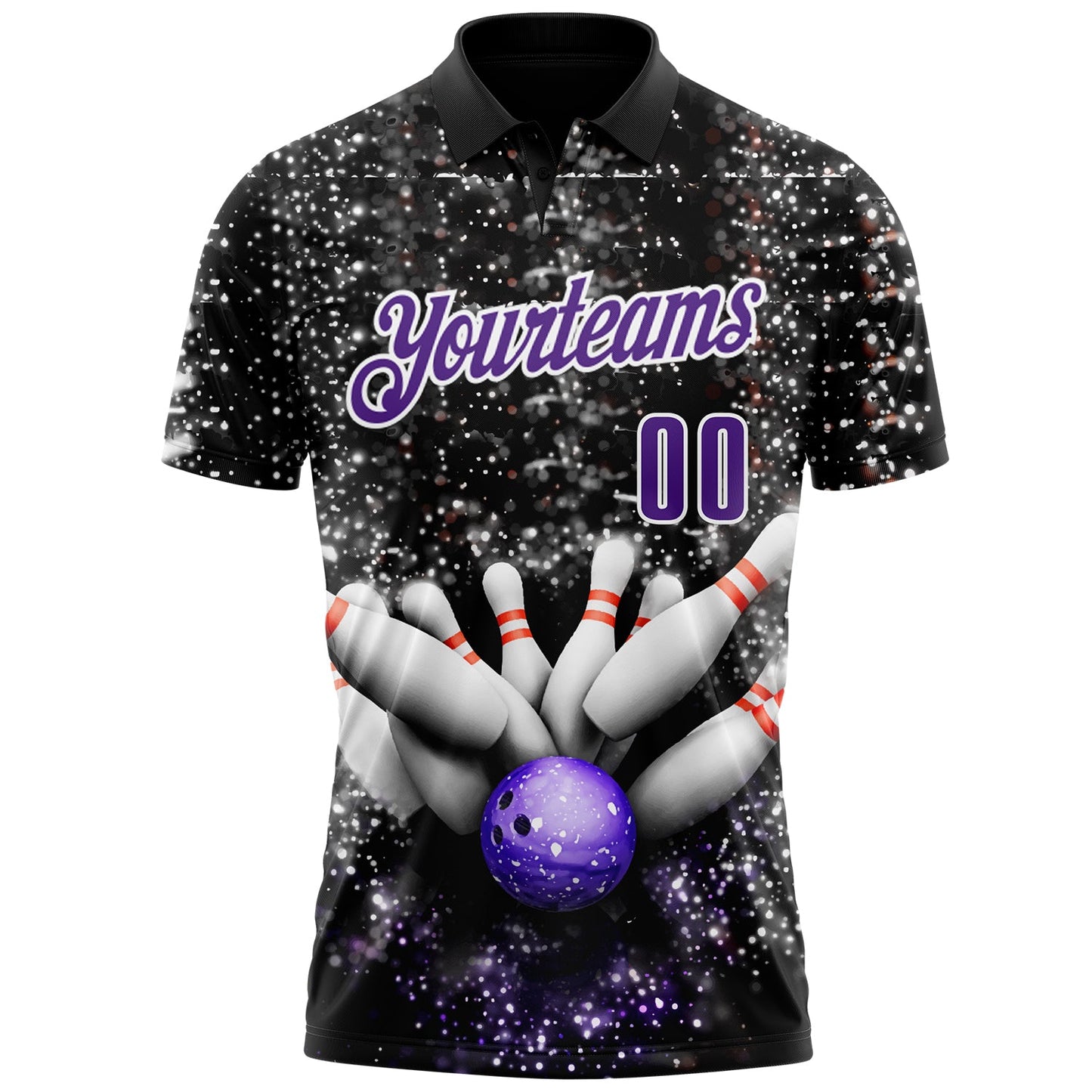 Custom Black Purple-White Bowling Strike Sparkle Performance Polo Shirt