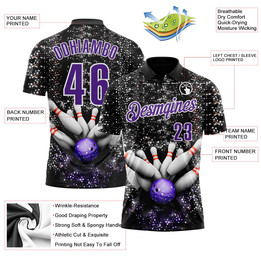 Custom Black Purple-White Bowling Strike Sparkle Performance Polo Shirt