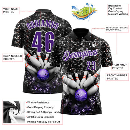 Custom Black Purple-White Bowling Strike Sparkle Performance Polo Shirt