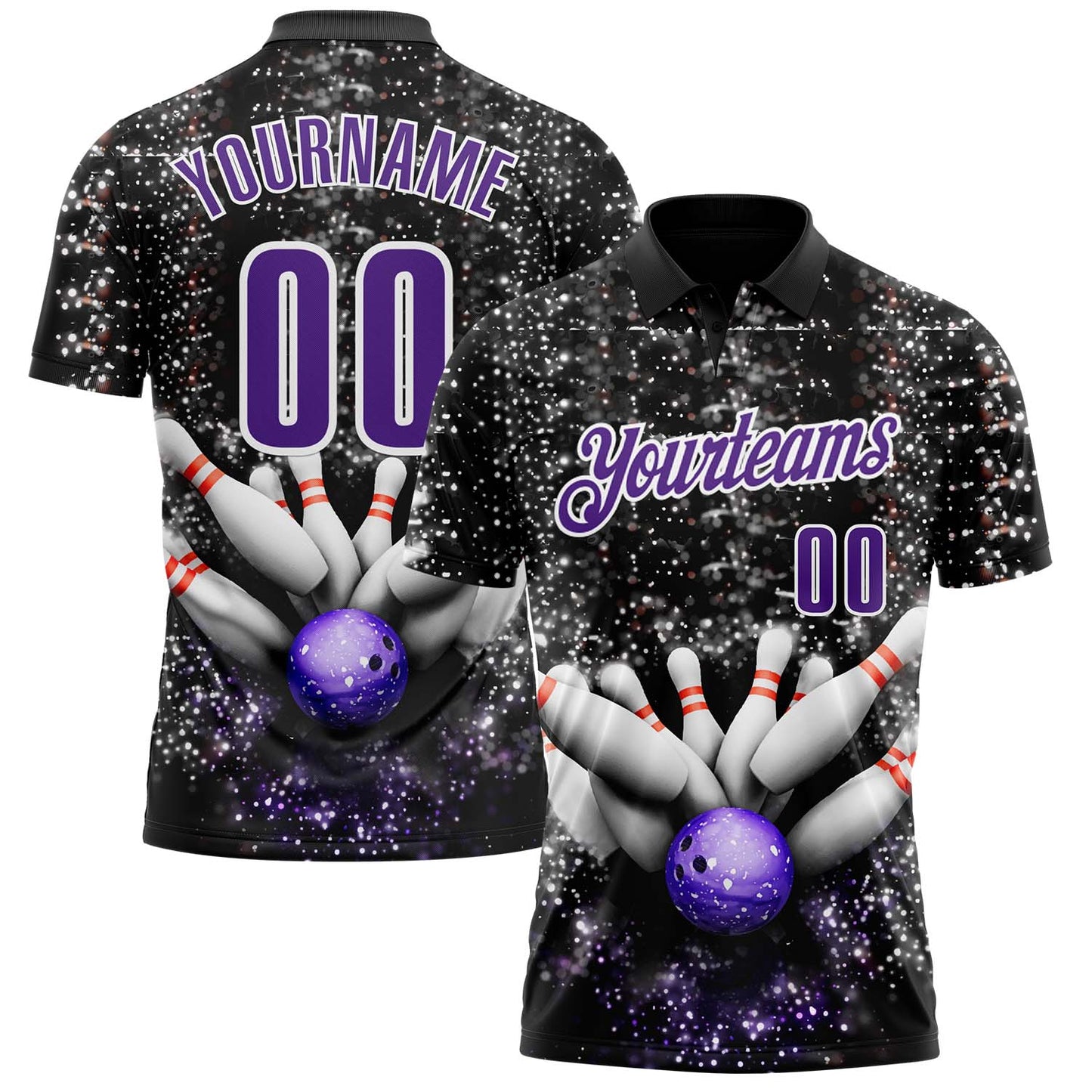 Custom Black Purple-White Bowling Strike Sparkle Performance Polo Shirt