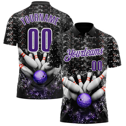 Custom Black Purple-White Bowling Strike Sparkle Performance Polo Shirt