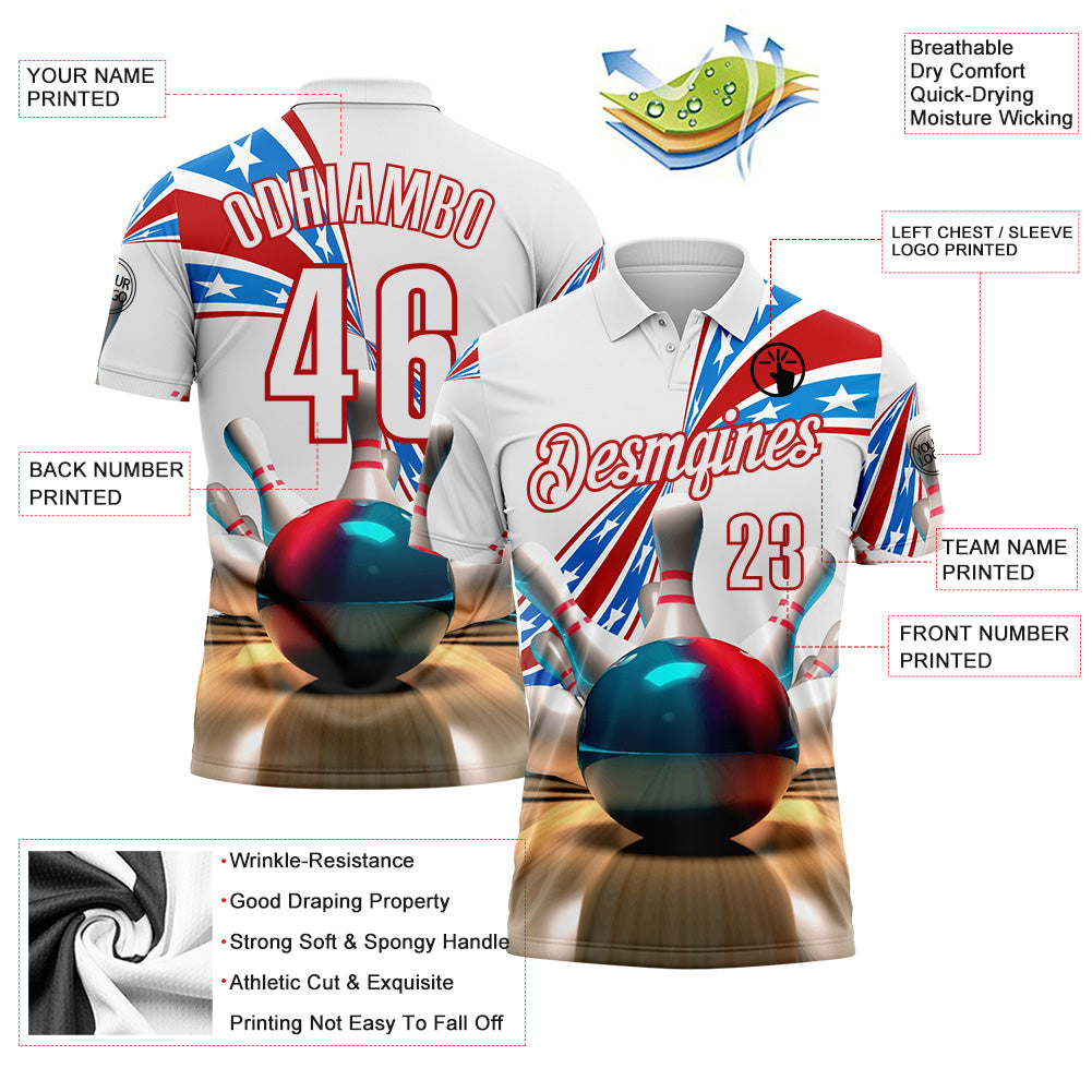Custom White-Red Bowling Strike American Flag Performance Polo Shirt