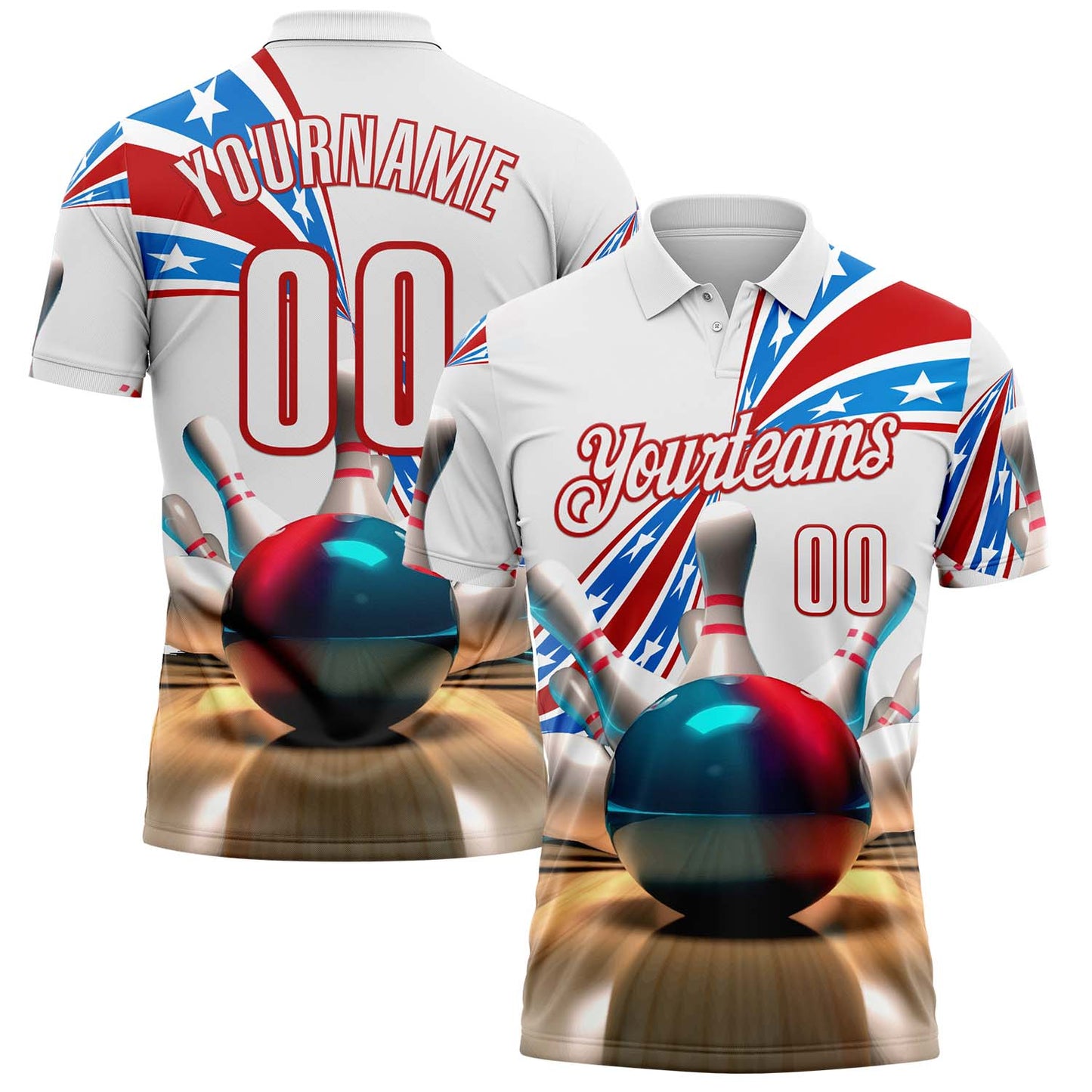 Custom White-Red Bowling Strike American Flag Performance Polo Shirt
