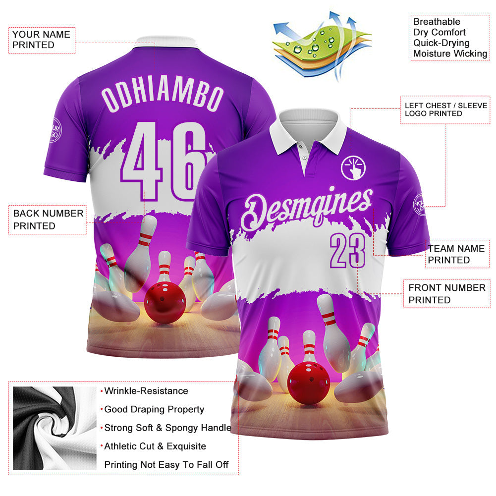 Custom Purple-White Bowling Strike Hitting Performance Polo Shirt