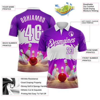 Custom Purple-White Bowling Strike Hitting Performance Polo Shirt