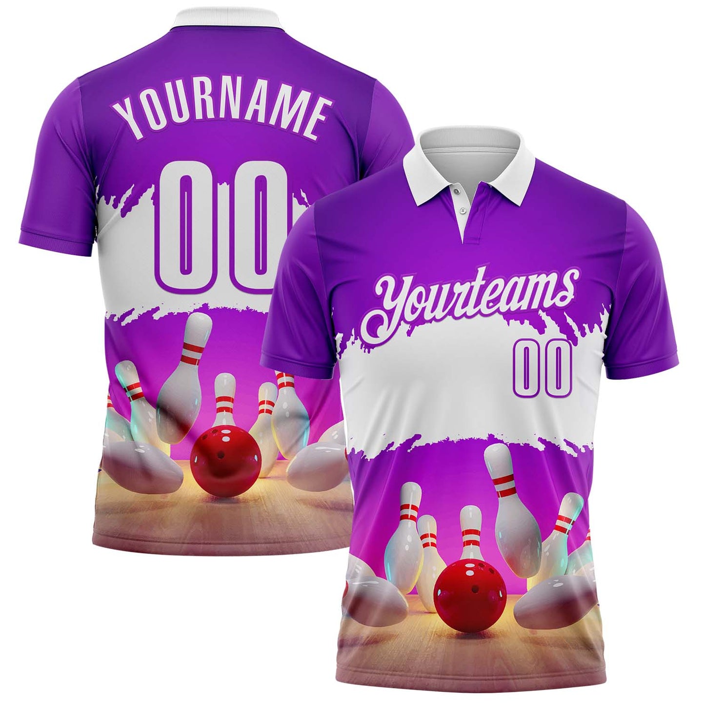 Custom Purple-White Bowling Strike Hitting Performance Polo Shirt