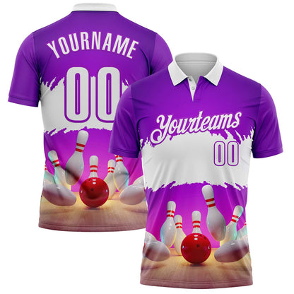 Custom Purple-White Bowling Strike Hitting Performance Polo Shirt