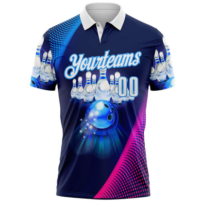 Custom Navy White Hot Pink-Blue Bowling Neon Performance Polo Shirt