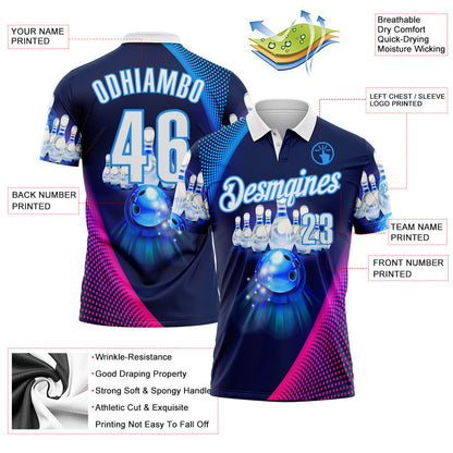 Custom Navy White Hot Pink-Blue Bowling Neon Performance Polo Shirt