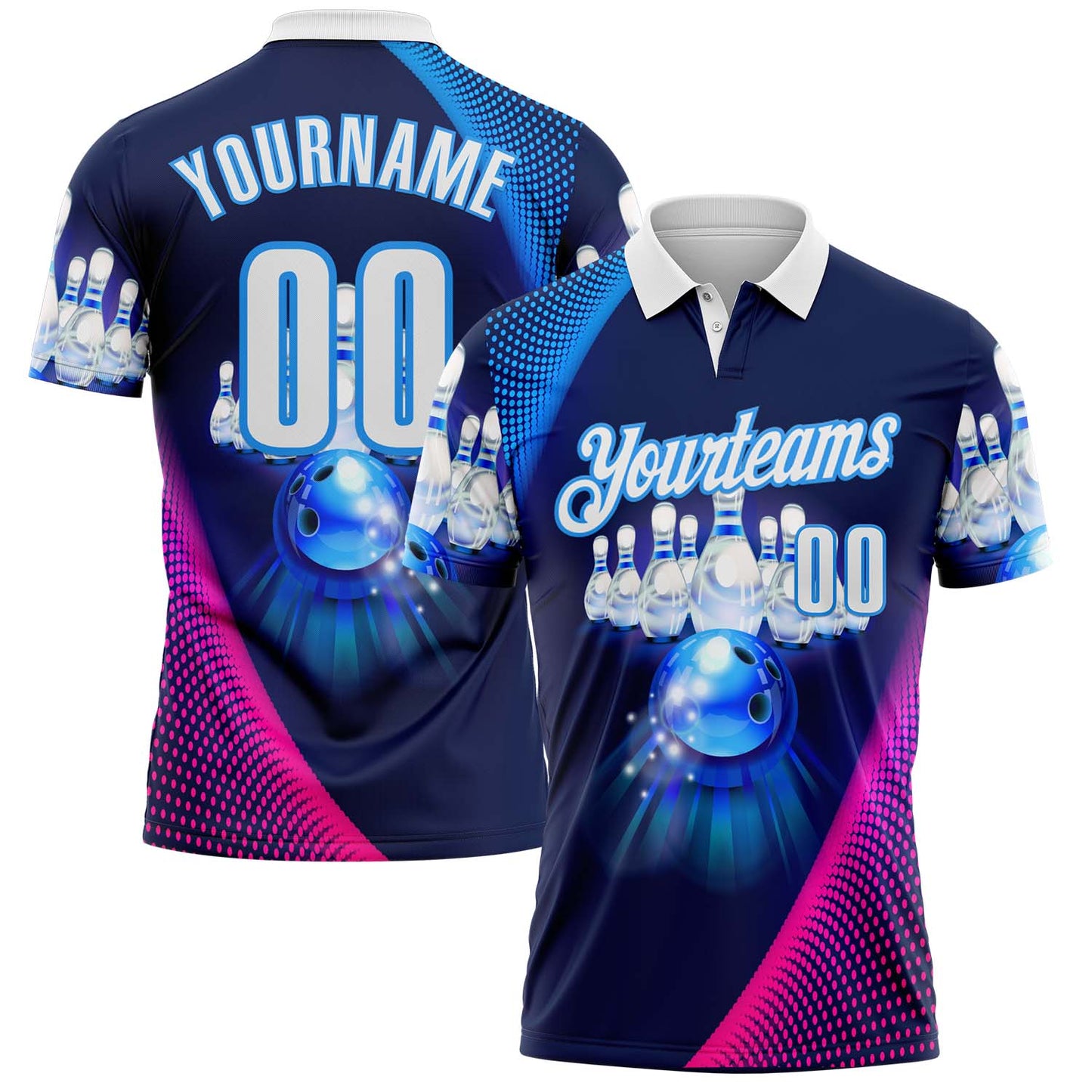 Custom Navy White Hot Pink-Blue Bowling Neon Performance Polo Shirt